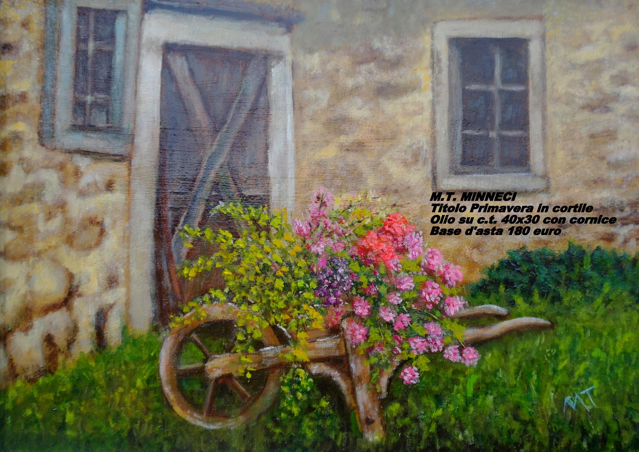 Artista Minneci. Primavera in cortile. olio su carta con cornice