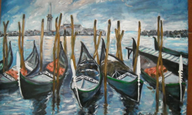 Barche al molo. Dipinto quadro olio su tela. Artista Pinamaria Polcari.