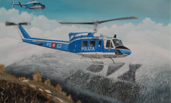 Dipinto quadro olio su tela Polizia elicottero
