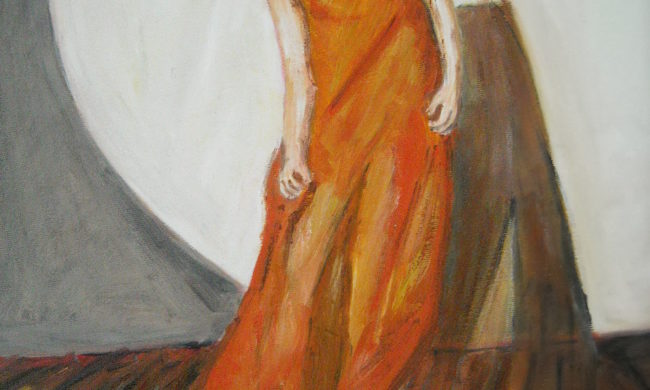 Donna con vestito arancione. Dipinto quadro olio su tela. Artista Pinamaria Polcari.