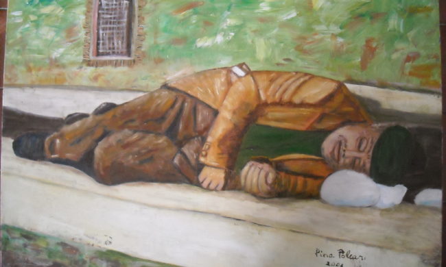Vecchio che dorme. Dipinto quadro olio su tela. Artista Pinamaria Polcari.